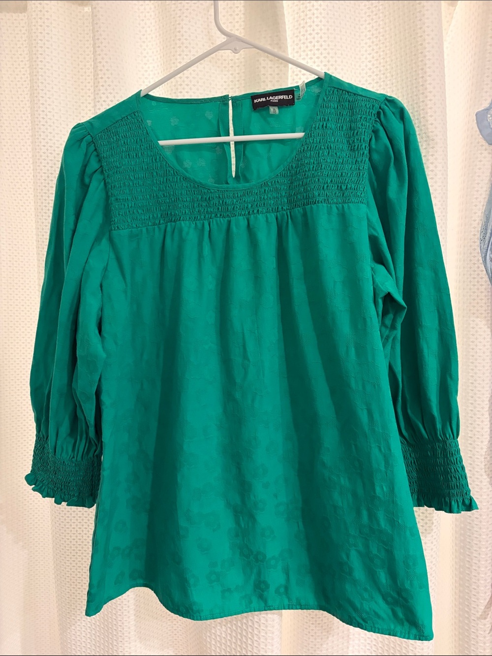 Karl Lagerfeld Teal Green Smocked Yoke Puff Sleeve Blouse